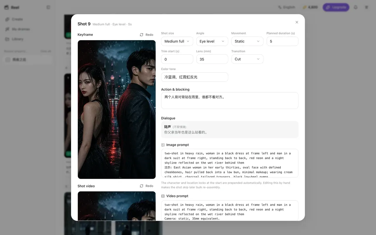 Single-shot director workspace: edit cinematography, prompts, dialogue and director review